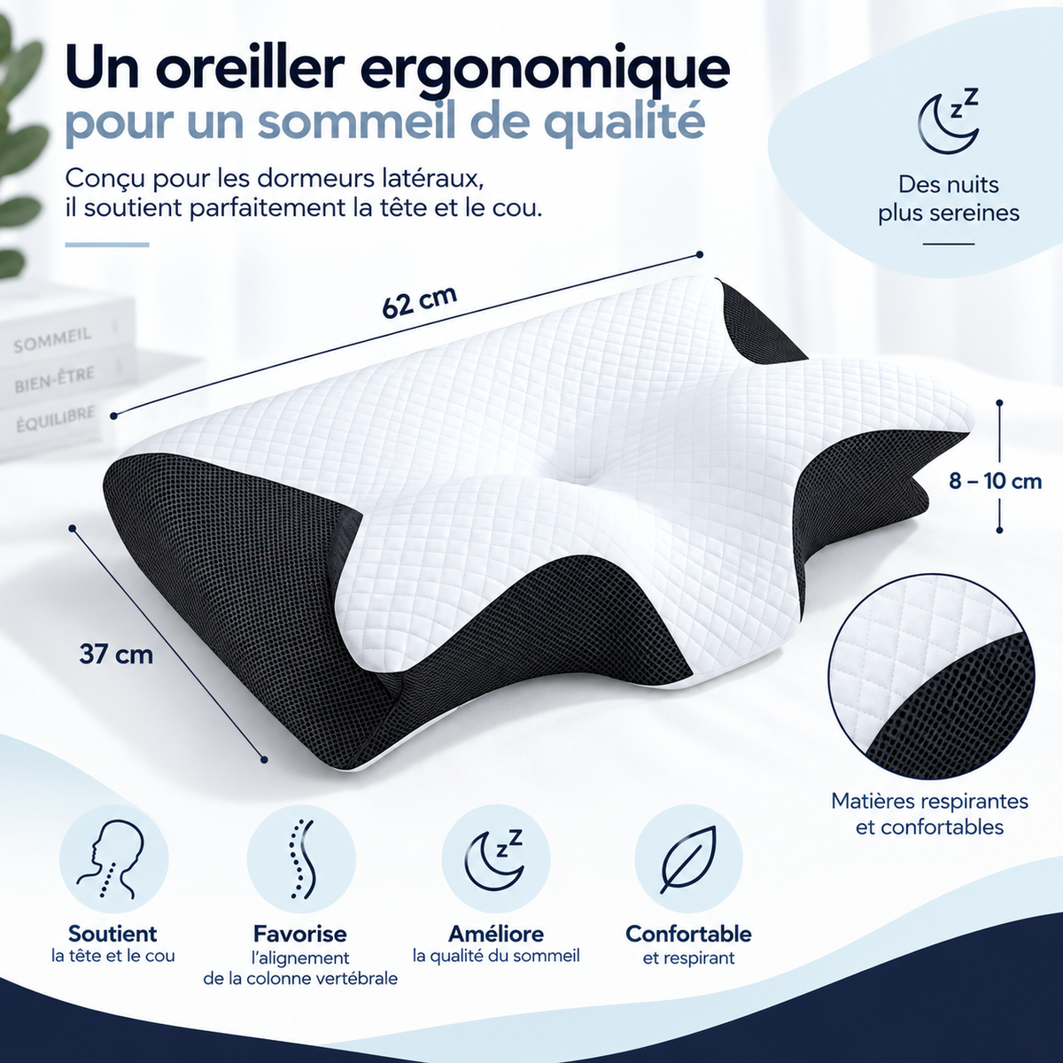 Oreiller ergonomique pour dormeurs latéraux